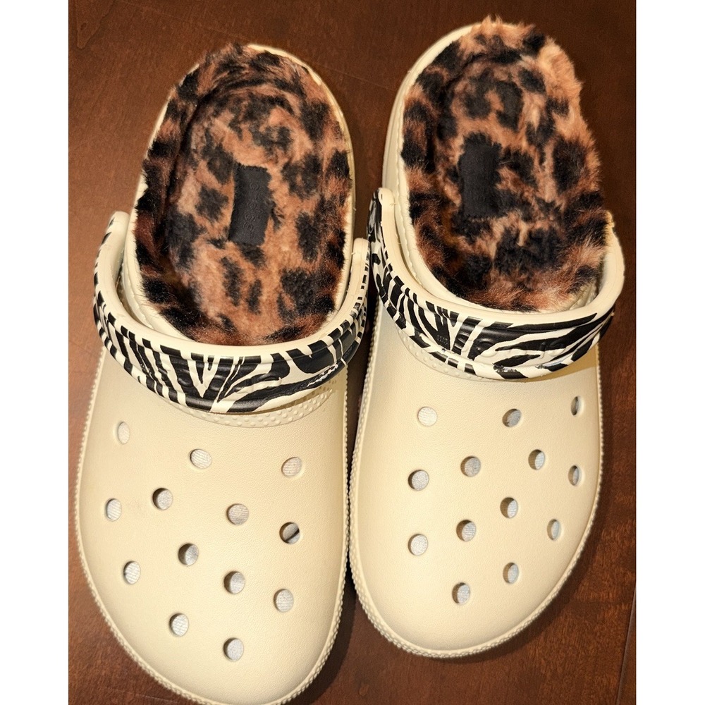 Crocs Classic Fur Lined Animal Remix Clog Ivory/Multi Animal Size 9